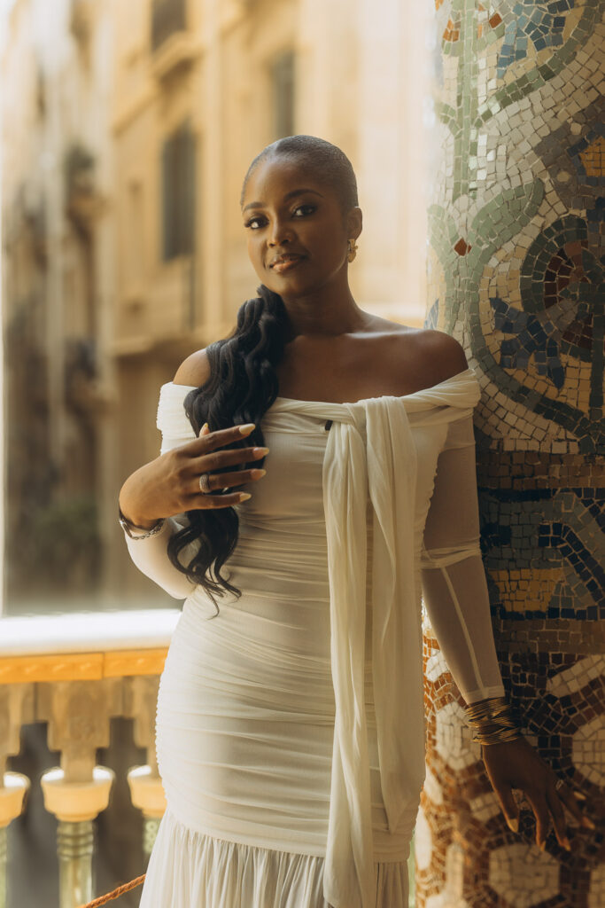 Elegant portrait of a woman at the iconic Palau de la Música Catalana
