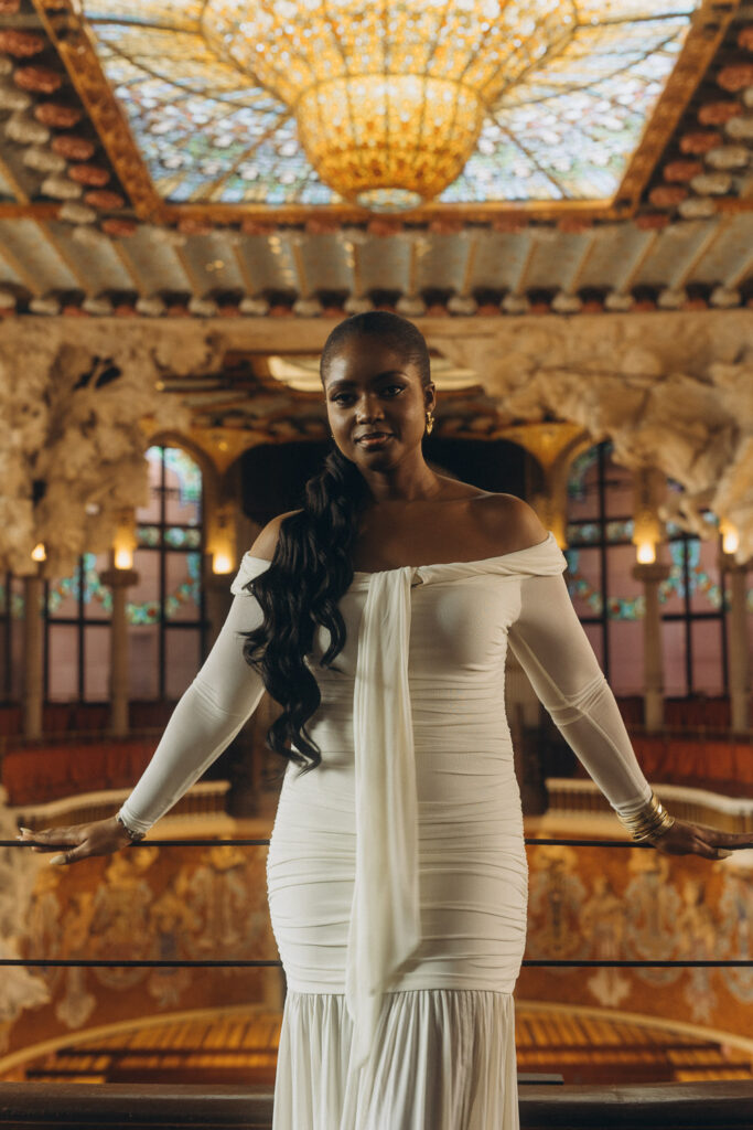 Artistic photoshoot with a woman at Palau de la Música’s stunning architecture